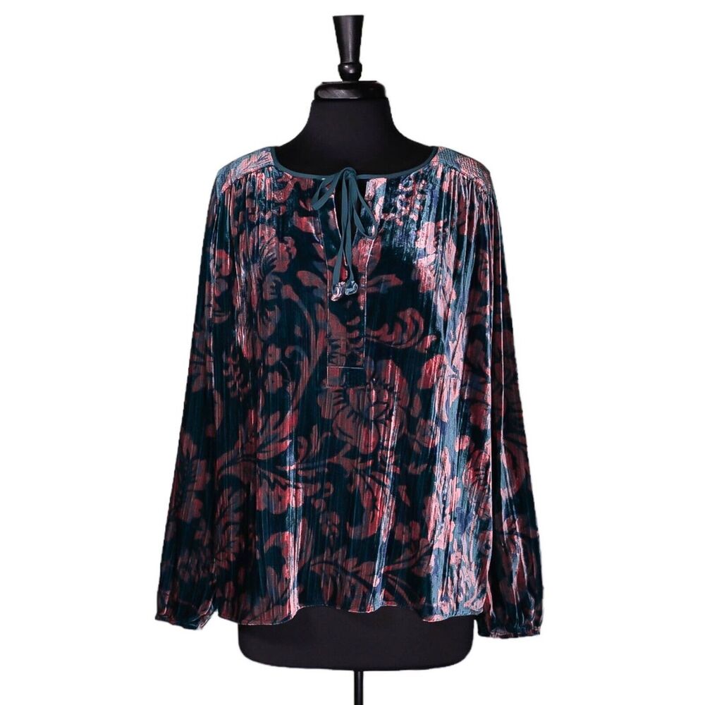 Anthropologie Women's Blouse Teal Peach Floral Velvet Oversized Tie Front Top L